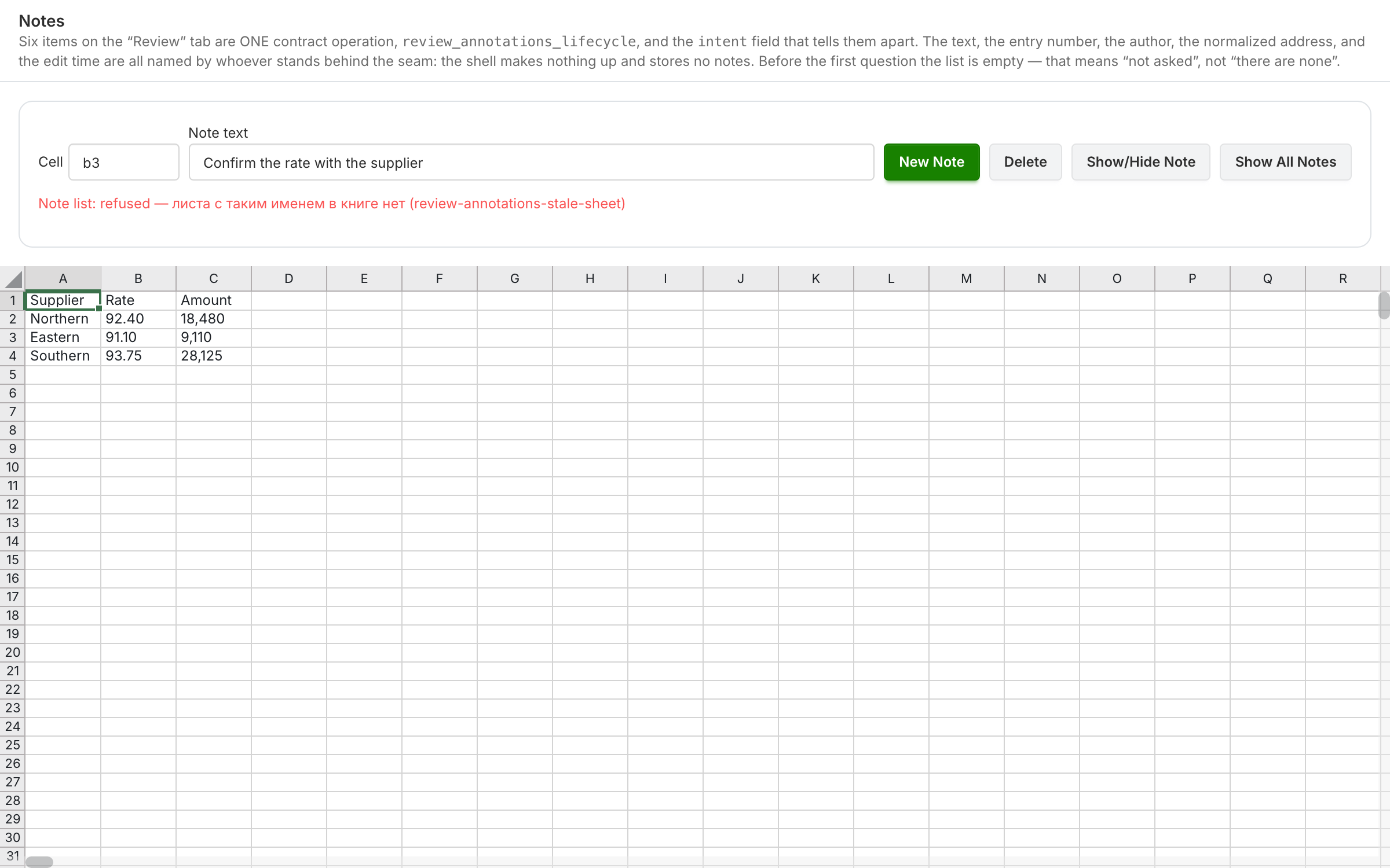 six comment actions through one contract operation — list, create, delete, reply, undo, redo; the core names the text, the number, and the normalized address