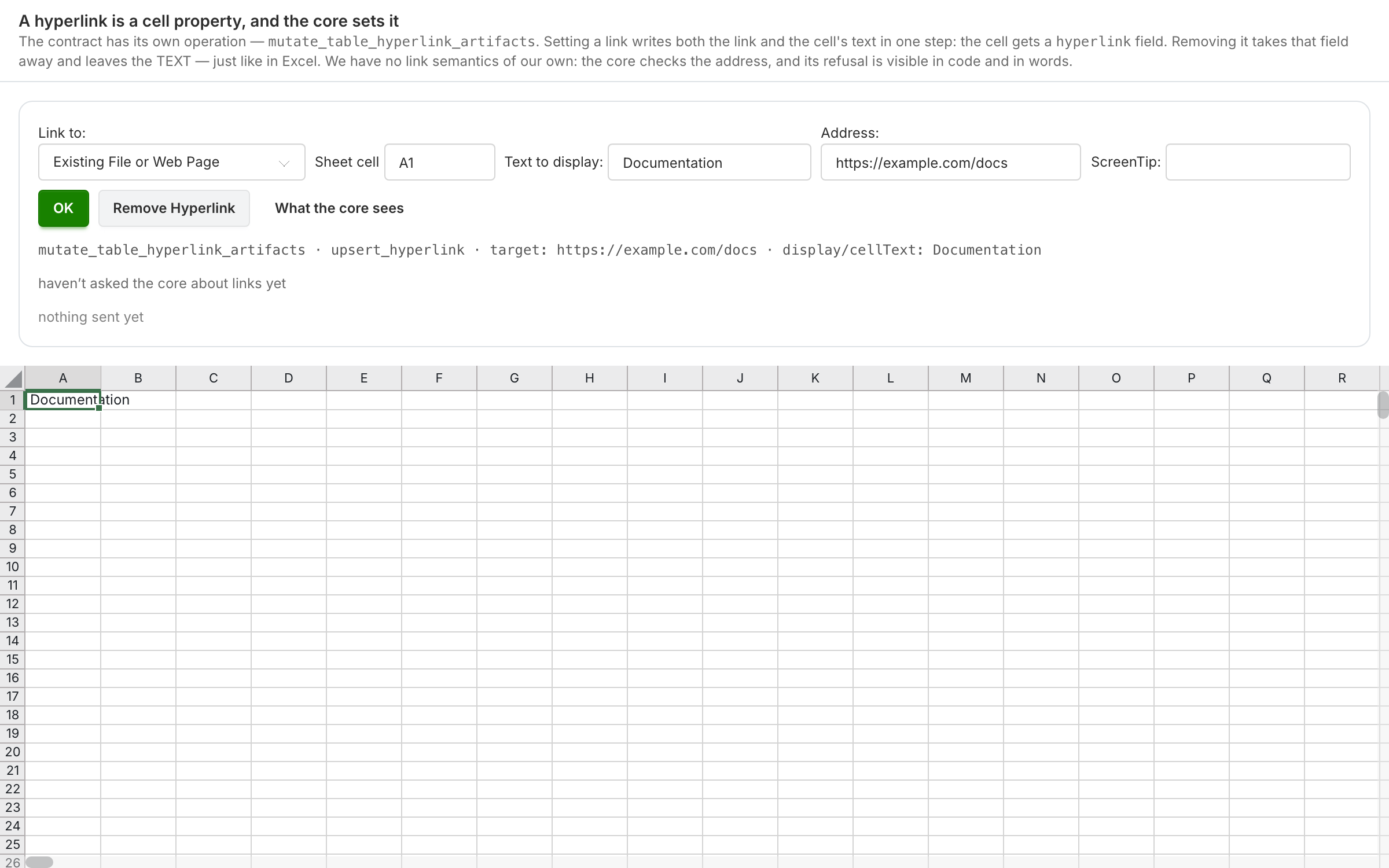 a link is a cell property: one core operation sets it together with the text, removes it leaving the text, and lists the links of the sheet itself